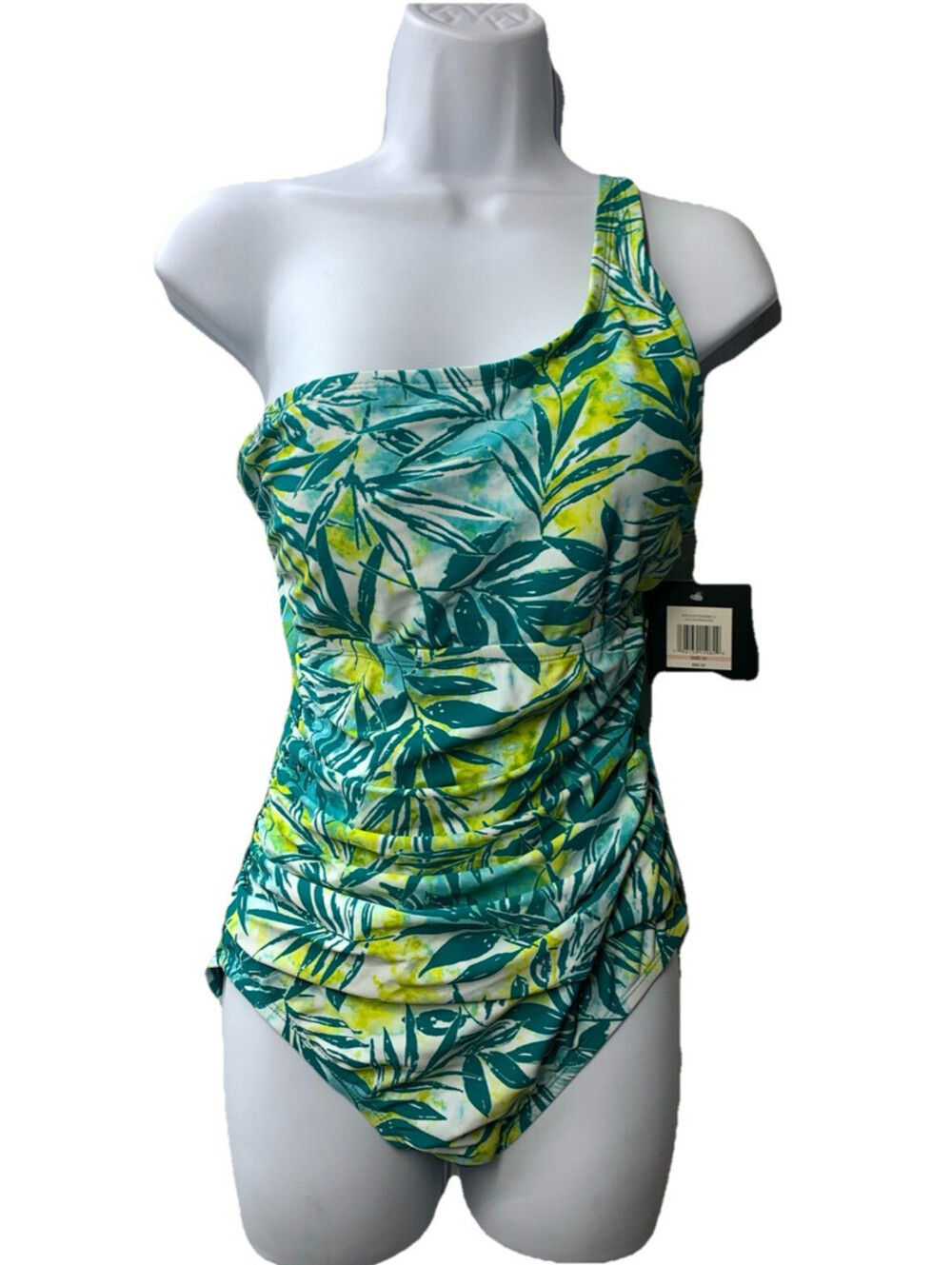 Ellen Tracy One Piece Swimsuit Size 10 Peacock Blue Yellow Over One Shoulder